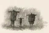 Paul Flora, Untitled (guardians over Tyrol), India ink on paper; unframed