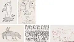 Künstler aus Gugging, mixed lot of five prints, 1987-1989, mixed media on paper, framed