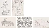 Künstler aus Gugging, mixed lot of five prints, 1987-1989, mixed media on paper, framed