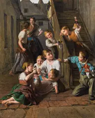 Ferdinand Georg Waldmüller, Children playing with dolls, 1864, oil on panel
