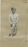 Egon Schiele, Kneeling male nude, 1906, black chalk, heightened with white, on grey paper