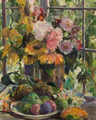 August Rieger, Still life with Dahlias and fruit, 1928, oil on cardboard