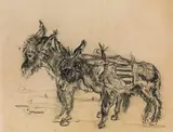 Two donkeys by Ludwig Heinrich Jungnickel, chalk on paper, wash, sold Nov 2018