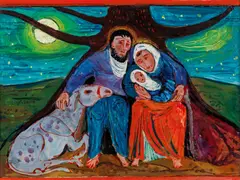 Albert Birkle, Heilige Familie (Rest on the flight), 1965-1970, reverse glass painting