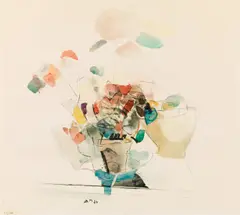 Anton Mahringer, Cyclamen in front of a mountain (Dobratsch), 1974, serigraph on paper