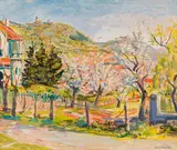 Wilhelm Kaufmann, Cherry blossom time in Grinzing (Kahlenberg and Leopoldsberg), 1957, oil on pressboard