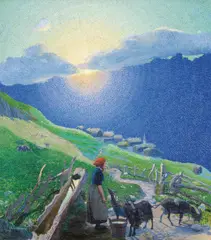 Waldemar Fink, Shepherdess with herd at the Alps during the sunrise, 1908, oil on canvas
