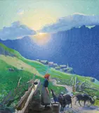 Waldemar Fink, Shepherdess with herd at the Alps during the sunrise, 1908, oil on canvas