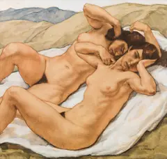 Karl Sterrer, Two female nudes in a landscape, 1918, mixed media on paper on canvas on plate