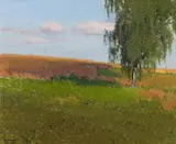 Ferdinand Brunner, Landscape with birch trees, oil on canvas on cardboard