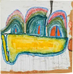 Friedensreich Hundertwasser, Trois Collines Sur Le Nuage Jaune;, 1956, watercolour on packing paper; framed