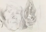 Maria Lassnig, Self-portrait with oil lamp, pencil on paper; unframed