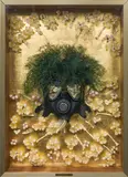 Curt Stenvert, Untitled, 1968, plastic mask, plastic flowers and mixed media on wooden panel; framed