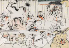 Chobots Partygesellschaft by Karl Anton Fleck, 1974, mixed media on paper; unframed, sold Dec 2018