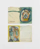 mixed lot of two: 998A Head on Postcard, 998B Spiral on Postcard by Friedensreich Hundertwasser, watercolour on a postcard from the restaurant Cattelin in Stockholm; framed, offered Dec 2018