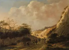 Pieter de Bloot, Dune landscape with farmers on their way home, oil on panel