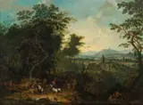 Maximilian Joseph Schinnagl, Landscape with peasants and travellers, oil on panel