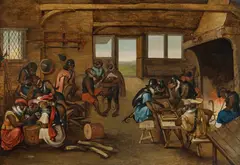 Marten van Cleve, Guardroom with monkeys, oil on panel, parqueted