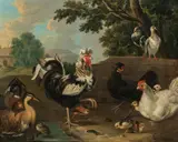 Melchior de Hondecoeter, Chickens, pigeons and ducks by a pond, oil on canvas