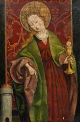 Gothic panel painting, Altar wing with Saint Barbara & Saint John, c. 1500, oil on panel, painted on both sides