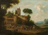 Adriaen Frans Boudewijns, Landscape with farmers, oil on panel