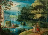Christoffel van den Berghe, A woody river landscape with ramblers, oil on copper