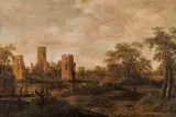 Anthonie van Croos, River landscape with fishermen and ruins, oil on panel
