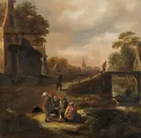 Klaes Molenaer, Little rest at a canal bank in a Dutch village, oil on panel, parqueted