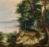 Adrian van Stalbemt, Forest landscape with horsemen, c. 1605-1610, oil on panel, parqueted