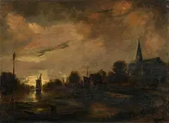 Aert van der Neer, Dutch river landscape in the moonlight, oil on panel