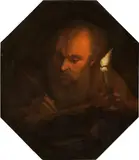 Godfried Schalcken, Portrait of a man by candlelight, oil on copper (octagonal)