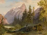Friedrich Gauermann, Charcoal burner's hut at Hintersee near Berchtesgaden, oil on paper on canvas