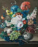 Leopold Zinnögger, Flower still life with grapes, redstart and bird's nest
