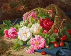 Josef Lauer, Forest ground still life with roses and cherries, oil on canvas
