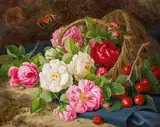 Josef Lauer, Forest ground still life with roses and cherries, oil on canvas