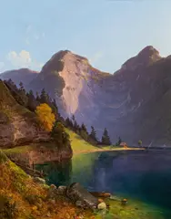 Franz Steinfeld, Montain lake in Salzkammergut, oil on panel