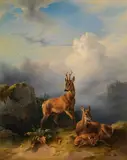 Friedrich Gauermann, Deer family, oil on panel