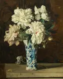 Gabriel Schachinger, White peonies in Delft vase, 1907, oil on canvas