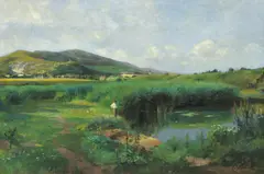 Eduard Zetsche, Fisherman on the lake at Baden, c. 1875, oil on canvas on cardboard