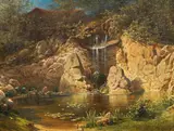 Johann Stiglmayer, Idyllic landscape with waterfall, oil on panel