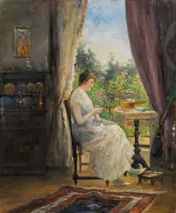 Emil Barbarini, A young woman sewing, oil on panel
