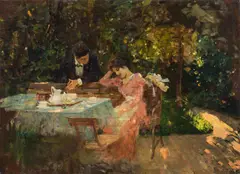 Albert Ritzberger, Tête-à-tête in the garden, oil on paper on canvas
