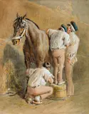 Carl Goebel, Horse with three stable boys, watercolour on paper