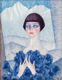 Waldemar Güttner, Girl in a flower dress in front of the Nordkette mountains, c. 1925, oil on cardboard