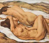 Karl Sterrer, Two nudes in a landscape, 1919, mixed media on paper on canvas on plate