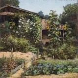 Konstantin Stoitzner, Farm garden, oil on cardboard