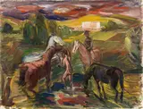 Ferdinand Stransky, Watering of the horses, 1951, oil on paper on canvas