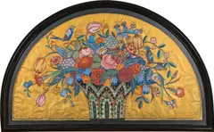 Carl Krenek, Vase with flowers and birds, mixed media on paper on plate