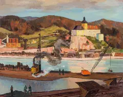 Emil Beischläger, Baustelle bei Schloss Persenbeug, 1955/56, oil on canvas