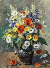 Emil Beischläger, Flower bouquet in vase, 1967, mixed media on paper